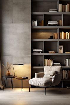 a living room filled with furniture and bookshelves next to a wall mounted book shelf