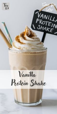 vanilla protein shake with whipped cream and cinnamon on top