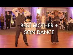 two people on a dance floor with the words best mother and son dance in front of them