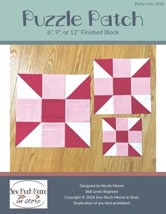 two pink and white quilts with the words puzzle patch printed on them, in front of