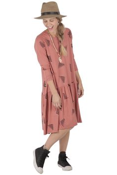 Women Terracotta Triangles Long Sleeves Drop Waist Dress, matching dress available for girls. Mini me trend. 100% cotton dress. #twinning Black Stairs, Drop Waist Dress, Oversize Casual, Dropwaist Dress, Grey Khakis, Waist Dress, Matching Dresses, Drop Waist