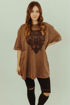 Brand: Comfort Color Fit: Unisex Material: 100% Ring Spun Cotton Distressed Edgy Tops For Fall, Edgy Washed Tops For Fall, Distressed Tops For Streetwear In Fall, Fall Distressed Tops For Streetwear, Trendy Oversized Distressed Top, Distressed Band Merch Top For Fall, Oversized Band Merch Tops For Fall, Distressed Brown Summer Tops, Edgy Distressed T-shirt For Fall