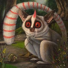 a painting of a weird looking animal with red eyes and long tail sitting on the ground