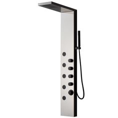 the shower head is connected to an overhead faucet with four black and white knobs