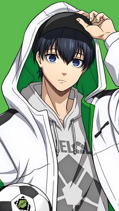 an anime character wearing a hoodie and holding a soccer ball in front of his face