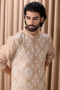 Shop for Ankit V Kapoor Beige Cotton Aaryan Embroidered Kurta Set for Men Online at Aza Fashions Designer Traditional Wear With Floral Embroidery For Diwali, Designer Floral Embroidered Kurta For Diwali, Traditional Festive Embroidered Fabric With Tonal Embroidery, Traditional Kurta With Tonal Embroidery For Eid, Traditional Eid Kurta With Tonal Embroidery, Designer Straight Kurta With Intricate Embroidery, Designer Semi-stitched Kurta With Chikankari Embroidery, Designer Kurta With Intricate Embroidery, Eid Straight Kurta With Tonal Embroidery