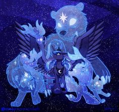 an image of some animals in the night sky with stars on their backs and wings