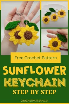 the sunflower keychain is made with crochet