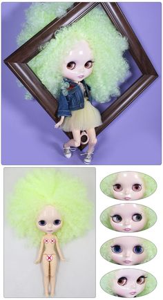 the doll has green hair and blue eyes