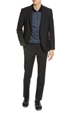 Look polished while staying comfortable in this ultrastretchy sport coat cut with an extratrim fit for a modern silhouette. 29 1/2" Length (Size 42R) Notched lapels Lined Four-way-stretch fabric 52% wool, 43% polyester, 5% elastane Dry clean Imported Stretch Business Blazer With Long Sleeves, Stretch Blazer For Business, Stretch Long Sleeve Blazer For Business, Black Slim Fit Blazer With Welt Pockets, Modern Slim Fit Suit, Slim Fit Flat Front Sport Coat For Business Casual, Black Slim Fit Blazer With Lapel Collar, Modern Fitted Sport Coat With Suit Collar, Modern Fitted Outerwear With Suit Collar