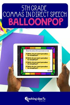 a person holding an ipad with the text, 5th grade titles of works balloonpop