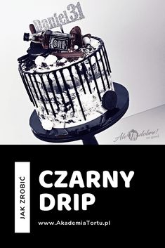 a black and white photo of a cake with icing on it that says caarny drip