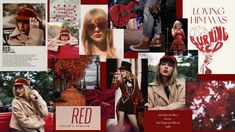 a collage of photos with red text and images from the same album as well as an image of a woman in a hat