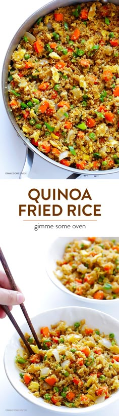 the recipe for quinoa fried rice is shown with chopsticks in it