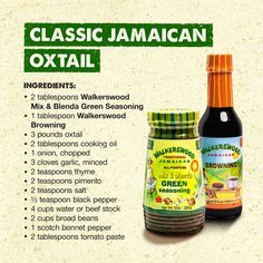 the label for jamaican oxtail is shown in green and orange colors, with an image of