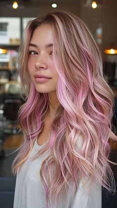 Different Color Hair Ideas Ombre, Blond To Pink Hair, Pastel Purple Pink Hair, Pink Hair For October, Hint Of Color Hair, Pink Blonde Hair Highlights, Rose Gold Blonde Hair Highlights, Balayage With Pink Peekaboos, Dyed Hair For Dirty Blonde