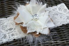 Beautiful Rustic Ivory  Burlap Flower with Rhinestone Pearl Center on Lace Headband - Marabou Feathers - Newborn Baby - Fall - Photo Prop Fall Photo Props, Marabou Feathers, Baby Fall, Lace Headband, Fall Photo, Lace Headbands