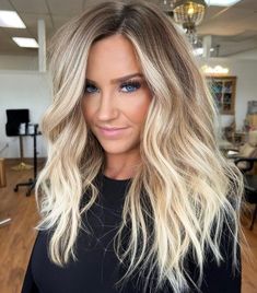 Blonde Hair Straight Balayage, Blonde Hair Over Dark Hair, Hair Color For Blondes With Lowlights, Blonde Color Trends 2023, Blonde With Brown Smudge Root, Bayalage Blonde 2023, Blonde Balayage Smudged Root, Bright Blonde Highlights With Root Smudge, Blonde Hair For Naturally Dark Hair