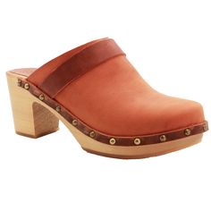 "The Maria from BJORK by KLÄGN Swedish Comfort is an open back, closed toe clog in Vintage Oiled top grain leather. * Hand-made in Europe * Beautiful Terracotta Color Top Grain Leather * 2.75\" / 70mm heel and .75\" / 20mm platform * Natural European wood outsole with rocker bottom to propel the foot forward * Wood outsole harvested from sustainable European forests  Ships in 1 business day from the US  ♥ Sizing Conversion ♥ EU US Women's * EU 35 ---- US 5 * EU 36 ---- US 5.5 - 6 * EU 37 ---- US Orange Leather Round Toe Clogs, Orange Leather Closed Toe Clogs, Orange Closed Toe Leather Clogs, Orange Leather Clogs, Orange Leather Open Heel Mules, Brown Suede Clogs With Stacked Heel, Terracotta Color, Clogs Style, Clog Heels