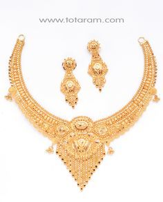 22 Karat Gold Necklace & Drop Earrings Set Contains Necklace & Ear hangings. - 235-GS157 - in 42.000 Grams for USD $3218.99. Made in India by Totaram Jewelers Online this product is in Gold - 22 Karat BIS Hallmark 916 KDM Gold & is an excellent gift for Adult - Women. Ships fully insured with secured guaranteed delivery for free with your order over $250 from New Jersey USA & comes with 30 days exchange policy. Indian Gold Jewellery Design, 22k Gold Bangles, 22k Gold Necklace, Temple Jewelry Necklace, Stone Necklace Set, Gold Jewellry, Necklace Set Indian, 22k Gold Jewelry, Gold Fashion Necklace