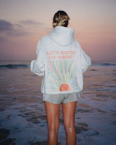 "Let's Watch the Sunset" Oversized Lux Hoodie in Heather Gray Sunset Hoodie, Enjoy The Moment, Watch The Sunset, Birthday Wishlist, Embroidered Hoodie, The Sunset, Oversize Hoodie, White Fabric