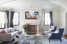 a living room filled with furniture and a dog sitting in the middle of the room