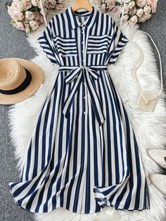 Boutique Inspiration, Shirt Dress Summer, Simple Prom Dress, Corporate Wear, Dress Design Patterns, Summer Stripes, Nursing Clothes, Shirt Dress Style, Modest Fashion Outfits