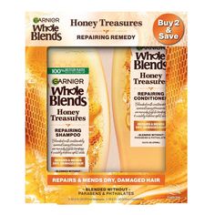 Have split ends? Our nourishing remedy of shampoo and conditioner, blended with sustainably sourced Acacia Honey & Beeswax, instantly repairs damaged hair by fighting against breakage and visibly reducing split ends in 1 use. 9/10 consumers are immediately satisfied! Our repairing remedy blooms with a delicious fragrance of honey bringing to life our repairing care for damaged hair. Blended without parabens, phthalates, mineral oils, and DMDM hydantoin. For the best damage repair results, use th Whole Blends Shampoo, Garnier Whole Blends, Treat Damaged Hair, Whole Blends, Shampoo Packaging, Hair Inspired, Acacia Honey, Damage Hair Care, Conditioner Hair