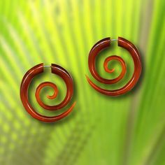 pair of red spiral earrings on green background