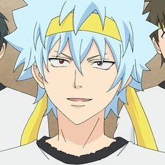 two anime characters with blue hair and blonde hair are looking at the camera while one looks on