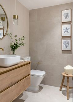 a white toilet sitting next to a bathroom sink under a mirror on top of a wooden cabinet