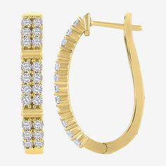 These sparkling hoop earrings are an elegant must-have to elevate your next outfit. Set in 10K Yellow Gold, it features 1 carat of round-cut Lab-Grown Diamonds in vertical rows with a hinged back closure.Features: Certified Diamonds, Quick ShipDiamond Clarity: I1Earring Back: HingedSetting: ProngStone Cut: RoundDiamond Color: H-IMetal Color: YellowEarring Length: 25.6mmEarring Width: 3.7mmRounded Carat Weight: 1 Ct. T.w.Care: Wipe CleanStone Type: 40 Lab Grown DiamondAuthenticity: Lab Grown Dia… Next Clothes, Outfit Set, 1 Carat, 10k Gold, White Diamond, Lab Grown, Lab Grown Diamonds, Round Cut, Hoop Earrings