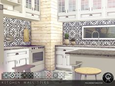 the kitchen wall tiles are white and brown with black designs on them, as well as an island