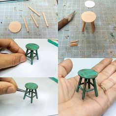 someone is making miniature stools out of wood and paint them with green waxe