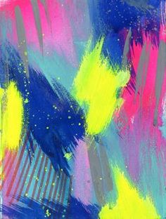 an abstract painting with blue, yellow and pink colors