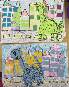 two children's drawings depicting dinosaurs and cityscape in the background, with crayons on paper