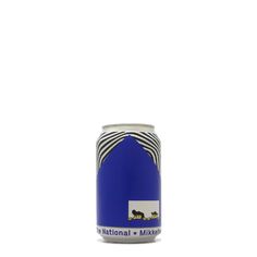 a can of beer with blue and white stripes on the bottom, in front of a white background