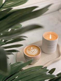 two candles sitting next to each other on top of a tray covered in green leaves