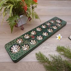 a green tray filled with lots of flowers on top of a wooden floor next to potted plants