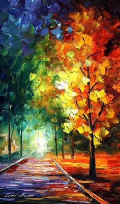 an oil painting of trees and the sun shining through them on a dark road with bright colors