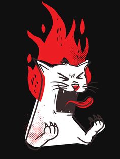 a white cat with red flames on it's head sitting in front of a black background