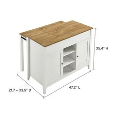 a white kitchen island with butcher block top and drawers on one side, measurements for the width