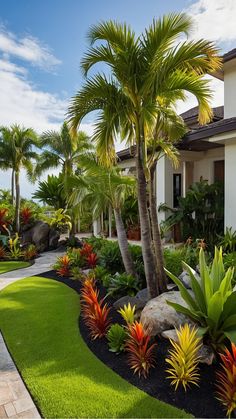 a house with palm trees and landscaping in the front yard, along with other tropical plants