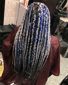 Blue And Purple Box Braids, Ombre Blue Braids, Black And Blue Ombre Braids, Blue Jumbo Box Braids, Rainbow Box Braids Ombre, Swag Hairstyles, Chunky Box Braids, Locs Ideas, Braids Ponytail