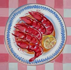 a painting of shrimp on a plate with lemon wedges and a checkered tablecloth