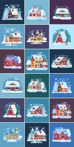 twelve different houses with snow on them