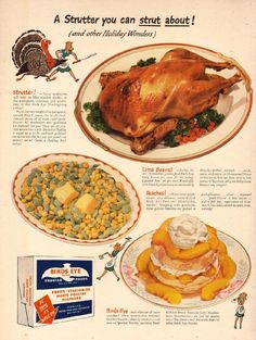 an old thanksgiving ad with turkey and other foods