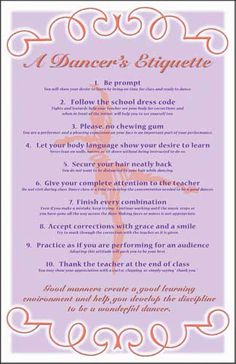 a poster with the words dancer's etiquette written in orange and pink