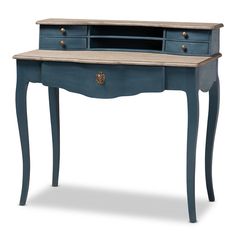 a blue desk with drawers on the top and one drawer open to reveal an office space