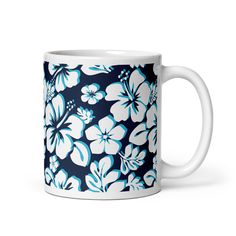 Ocean Blues Hawaiian Flowers Coffee Mug - Extremely Stoked White Hawaiian Flowers, Flowers Coffee, Blue Hawaiian, Hawaiian Flowers, Blue Ocean, Aqua Blue, Coffee Mug, Coffee Mugs, Blue And White